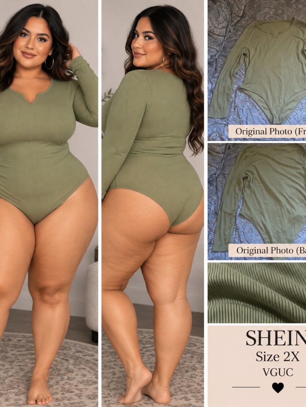 SHEIN Olive Green Ribbed Long-Sleeve Bodysuit